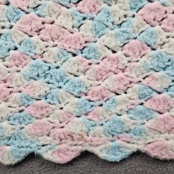 Hand Knit Crochet Blanket Baby Blue Pink White Afghan Throw 31" x 52" - Picture 5 of 6